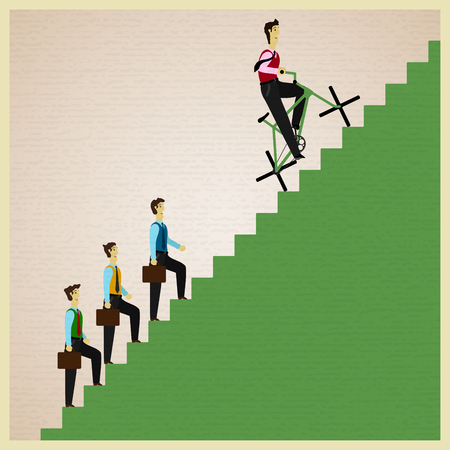 man on a bicycle overtakes people walking foot on a ladderのイラスト素材