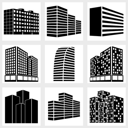 Buildings icons vector black on white backgroundのイラスト素材