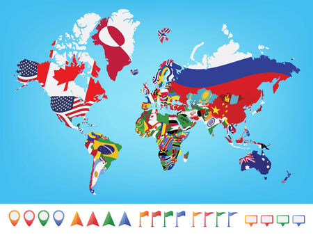 World map with flag on blue backgroundのイラスト素材