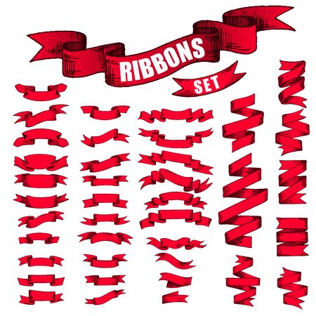 Big Red Ribbons Set, Isolated On White Background. Sketch converted to vectors.のイラスト素材