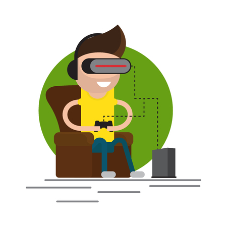 VR gaming. Man sitting in an armchair and playing using vr headset. Vector flat illustration.のイラスト素材
