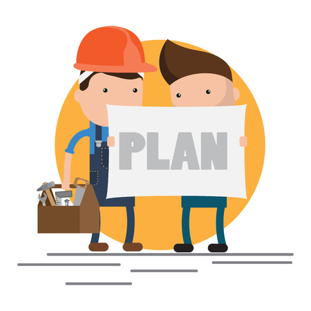 Cool flat design characters on building worker with hard hat helmet, and tool box and civil engineer specialist holding planのイラスト素材