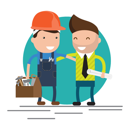 Cool flat design characters on building worker with hard hat helmet, and tool box and civil engineer specialist holding planのイラスト素材