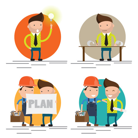 Cool flat design characters on building worker with hard hat helmet, and tool box and civil engineer specialist holding plan setのイラスト素材