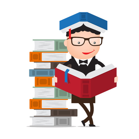 graduate or student or pupil leaning on a pile of books readingのイラスト素材