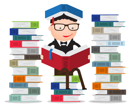 graduate or student or pupil leaning on a pile of books readingのイラスト素材