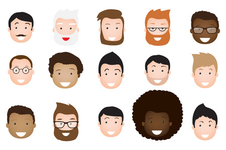 Male avatar icons set. People characters in flat style. Design elements isolated on white background. Faces with different styles and nationalities.のイラスト素材