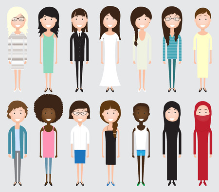 Set of diverse business people isolated on white background. Different nationalities and dress styles. Cute and simple flat cartoon styleのイラスト素材