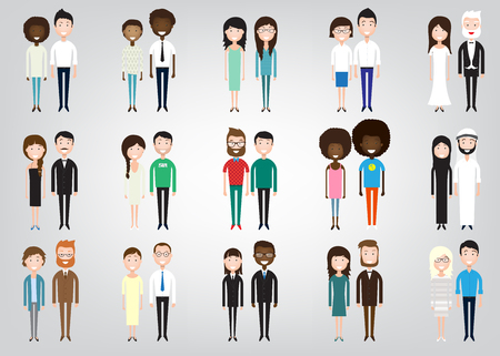 different pairs of two people on a white background in similar clothesのイラスト素材