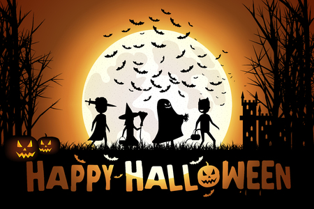 Illustration of Children in colorful costumes go trick-or-treating on Halloweenのイラスト素材