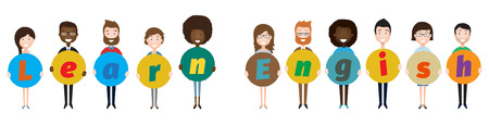 pupils or students stand and hold the letter learn Englishのイラスト素材