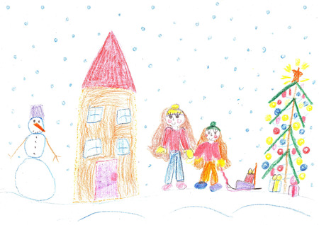Children Drawing. Kids winter sleigh ride, playing in winterの写真素材