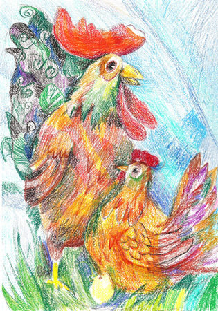 Easter drawing with a rooster, chicken and eggs in the nestの写真素材