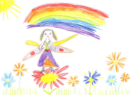 Child drawing fairy. Cute fairy flying on a flowerの写真素材