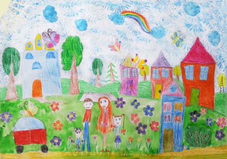 Child drawing.Happy family with two children for a walkの写真素材