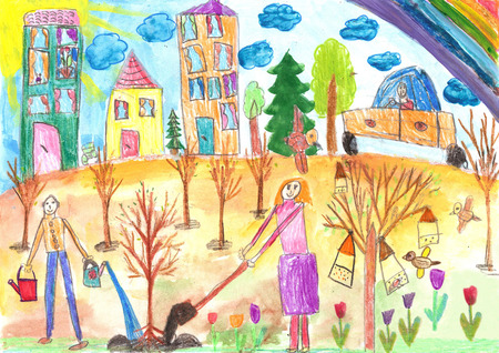 Child's drawing. The children planted a tree.の写真素材