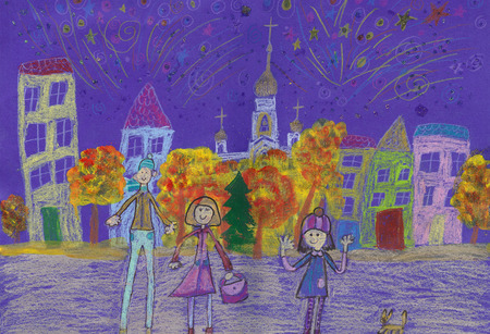 Child's drawing happy family watching fireworks outdoorsの写真素材