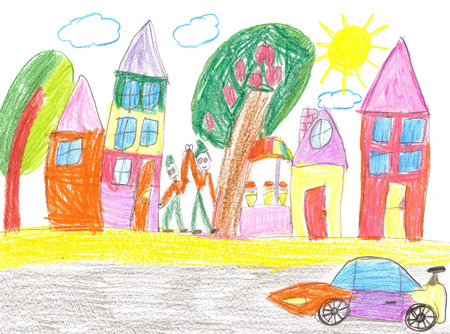 Children's drawing of the racing car and spectatorsの写真素材