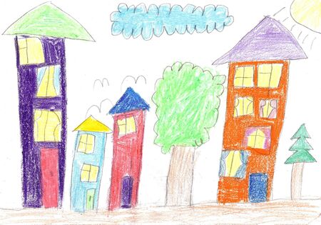 Child's drawing. House, tree, swing and benchの写真素材