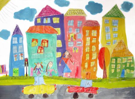 Child's drawing of the buildings and cars. Happy family on a walkの写真素材