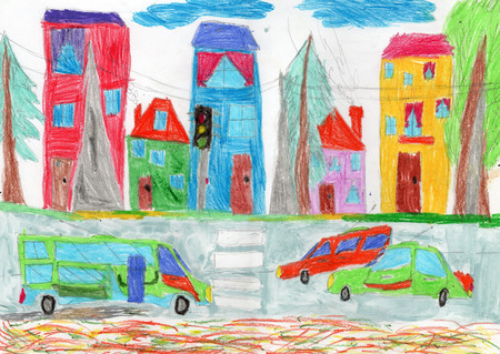 Child's drawing of the buildings and cars. Happy family on a walkの写真素材