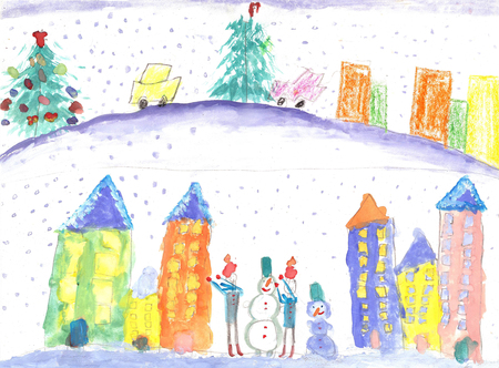 Vacation, holiday, New year, Christmas. Children playing and making a snowman. Watercolor drawingの写真素材