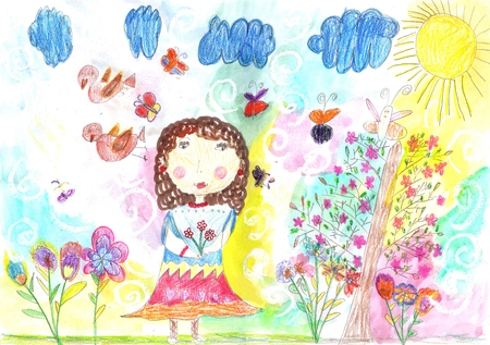Children's drawing of a happy girl on a walk outdoors.Nature, Flowers, Butterfliesの写真素材