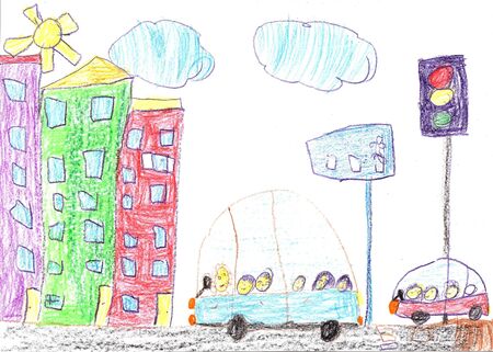 Child drawing of the buildings and cars. City road drawingの写真素材