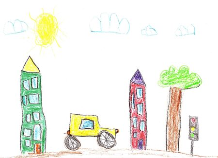 Drawing of the buildings and cars. City road in childish style. Pencil artの写真素材