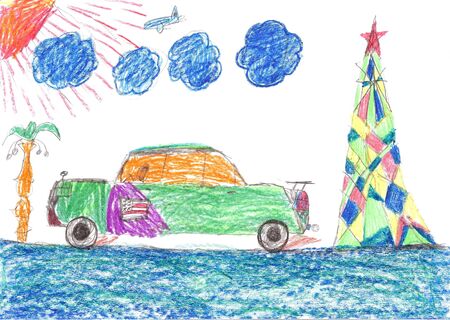 Drive Home for Christmas.Pencil art in childish styleの写真素材