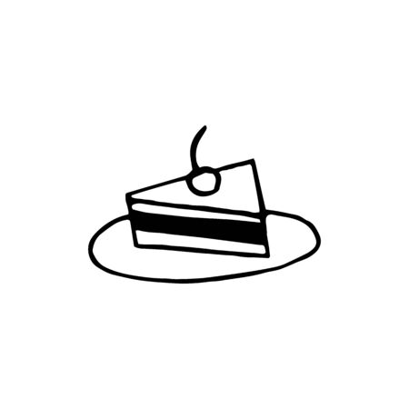 Hand drawn doodle piece of cake on plate. Hand drawn doodle icon sweet dessert isolated on white...