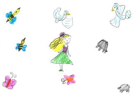 Child's drawing of a happy family on a walk outdoors. Pencil art in childish style.の写真素材