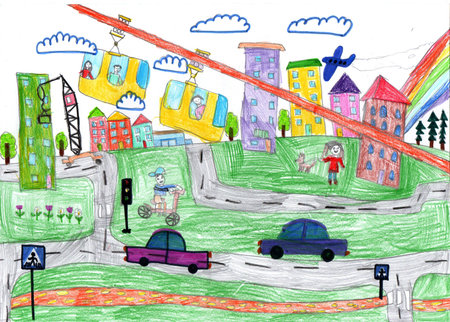 Drawing of the buildings and cars. Happy family on a walk. Lives of people in the city. Pencil art in childish styleの写真素材