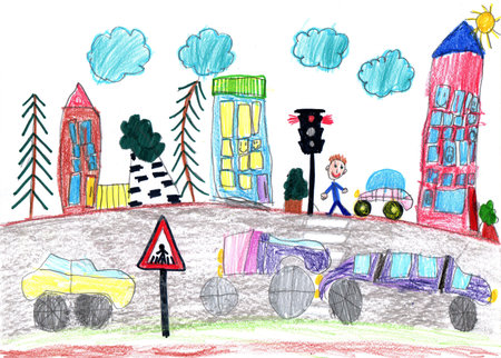 Drawing of the buildings and cars. Happy family on a walk. Lives of people in the city. Pencil art in childish styleの写真素材