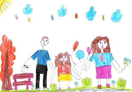 Child drawing of a happy family on a walk outdoors. Pencil art in childish styleの写真素材
