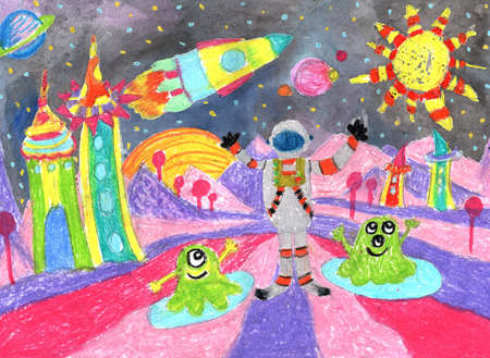 Watercolor children drawing. Hand drawn flight of the rocket and astronaut with alien in the universe and the space planets. Pencil art in childish style.の写真素材