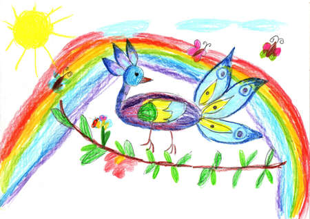 Drawing of beautiful peacock on warm summer day. Pencil art in childish styleの写真素材