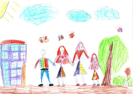 Child drawing of a happy family on a walk outdoors. Pencil art in childish styleの写真素材