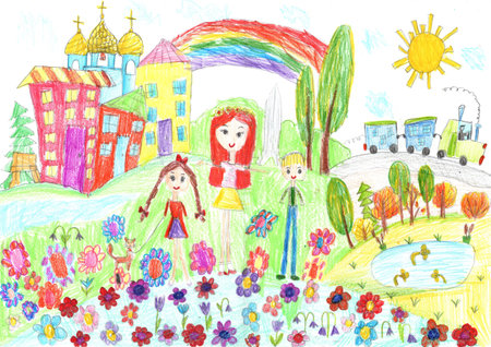 Child drawing of a happy family on a walk outdoors. Pencil art in childish styleの写真素材