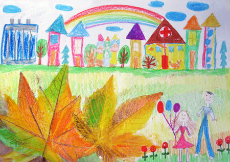Child's drawing of the buildings. happy family on a walkの写真素材