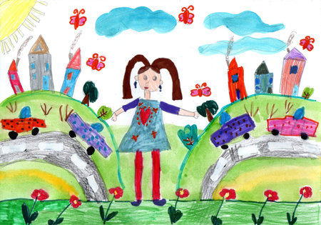 Child drawing buildings and cars. Happy family on a walk. Lives of people in the city. Pencil art in childish style.の写真素材