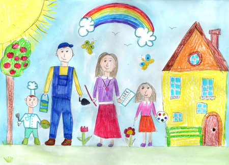 Child drawing of a People Group Different Occupation Profession. Engineer, farmer, teacher, builder, artist, chef, scientist, writer, doctor. Pencil art in childish styleの写真素材