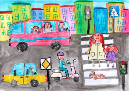 Child drawing buildings and cars. Happy family on a walk. Lives of people in the city. Pencil art in childish styleの写真素材