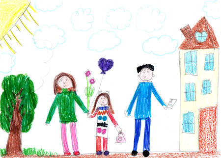 Child drawing of a happy family on a walk outdoors. Pencil art in childish styleの写真素材