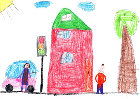 Drawing of the buildings and cars. Happy family on a walk. Lives of people in the city. Pencil art in childish styleの写真素材