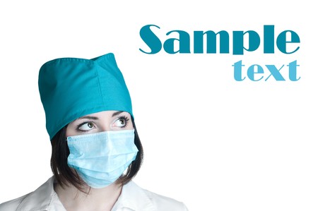 close up portrait of doctor Looking at the text isolated on whiteの写真素材