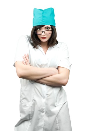 serious beautiful doctor  with glasses isolated on white backgroundの写真素材