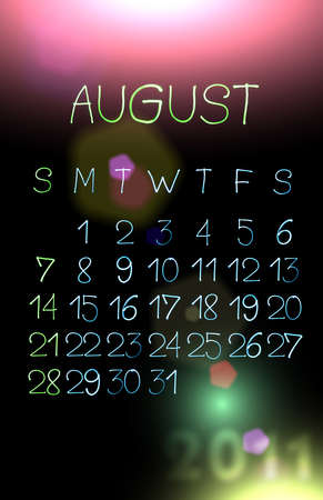 Abstract illustration of the vertical calendar for 2011 year created with light. August.の写真素材
