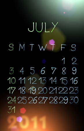 Abstract illustration of the vertical calendar for 2011 year created with light. July.の写真素材