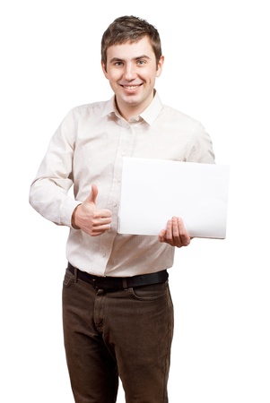 Business man handing a blank business card over white backgroundの写真素材